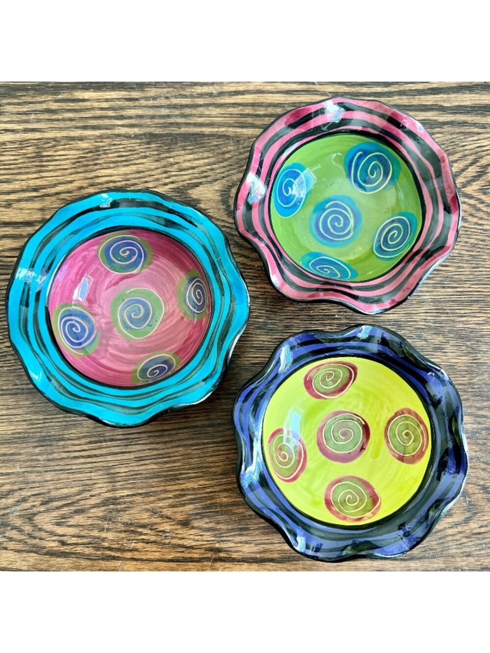 Set of 3 Small Handmade Art Pottery Bowls Ruffled Colorful 4.75" Snacks Retro